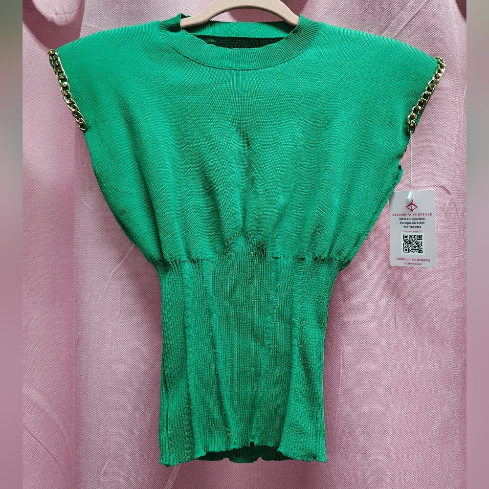 Vintage Green Knit Top With Gold Chain Detail Sz. S(?)